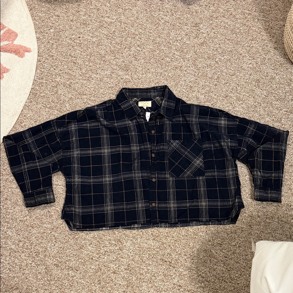 Thread & Supply Navy Plaid Cropped Button Down Shirt